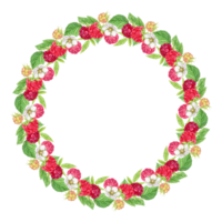 Raspberry wreath on a transparent background. Watercolor Ripe red berries, flowers, branches and leaves. Watercolor frame for the design of cards, invitations, stickers, labels. png