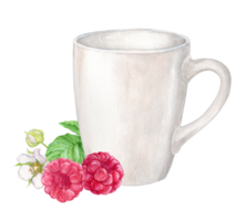 frambuesa y taza, acuarela. maduro rojo bayas, herbario té en un blanco taza. granja cosecha, rústico estilo, botánico ilustración. clipart para té embalaje, menú. png