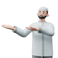 3D render portrait of muslim people with skullcap. Happy young adult man pointing and showing product to the side. Eid mubarak Concept. png