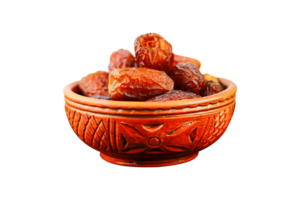 Dates fruit in a clay bowl isolated on a transparent background png