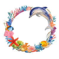 Wreath of sea animals. Watercolor round frame made of corals, algae, fish, dolphin. Clipart for design in tropical style. png