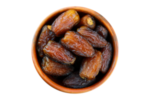 Dates fruit in a clay bowl isolated on a transparent background, Top view png