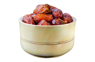 Dates fruit in a wooden bowl isolated on a transparent background png