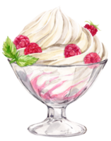 Whipped cream and ripe raspberries in a dessert glass. Watercolor illustration. Refreshing summer dessert, frozen yogurt and berries, mint. Clipart for cafe, restaurant menu. png