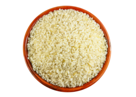 blanco arroz en arcilla cuenco aislado en un transparente fondo, parte superior ver png