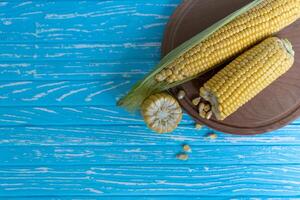 Corn cob with green leaves lies on Round cutting board. blue color background. photo