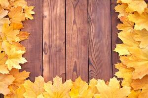 Autumn leaves frame on wooden background top view photo