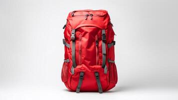 AI generated Red Hiking Backpack Bag isolated on white background with copy space for advertisement. AI Generated photo