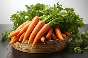 ai generado pila de Fresco zanahorias en un cesta. generativo ai foto