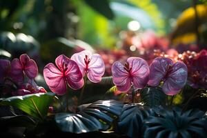 ai generado cerca arriba de vistoso tropical plantas en bosque con dorado luz de sol. generativo ai foto