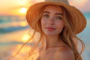 AI generated Sexy blonde in a swimsuit on the beach. Slender beautiful woman in a bikini against the backdrop of the ocean coast. photo