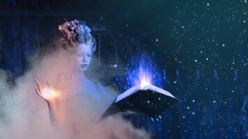 Christmas fairy tale concept. Snow queen calling winter use book of spells photo