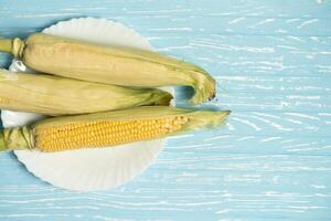 Corn cob with green leaves lies on white plate blue color background. photo