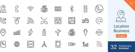 Set of 32 Location Business web icons in line style. Address, business, flat, design, editable, graphic. Vector illustration.