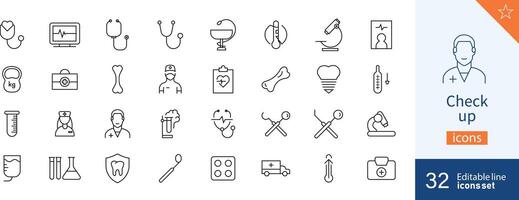 Set of 32 Check up web icons in line style. Diagnosis, doctor, exam, examination. Vector illustration.