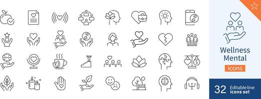 Set of 32 Wellness Mental web icons in line style. Health, mental, activity, brain. Vector illustration.