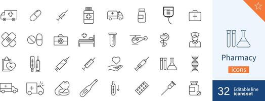 Set of 32 pharmacy web icons in line style. Icon symbol, healthcare and medicine, medical exam. Vector illustration.