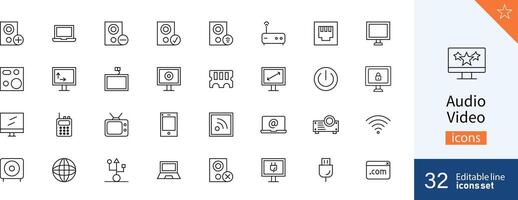 Set of 32 Audio and Video web icons in line style. Audio, video, icon, thin, line, flat. Vector illustration.