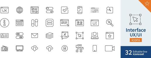 Set of 32 interface web icons in line style. Interface, icon, web design, work tool. Vector illustration.