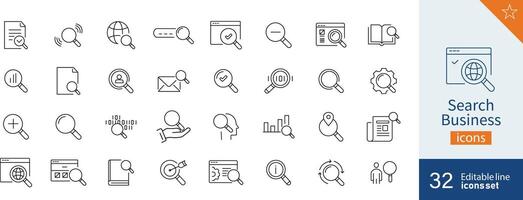 Set of 32 Search Business web icons in line style. Document, book, coding, research, icon. Vector illustration.