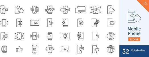 Set of 32 Mobile Phone web icons in line style. Notification, responsive, movie, service, communication, technology. Vector illustration.