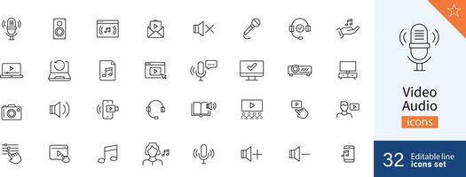 Set of 32 Video Audio web icons in line style. Movie, micro, setup, microphone, outline, radio. Vector illustration.