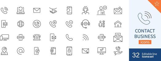 Set of 32 Contact Business web icons in line style. Connection, touching, phone, outline, symbol. Vector illustration.