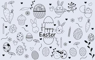 Set of Doodle Elements Vector Happy Easter Black and White.