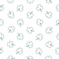 Outline of a small green clover on a white background. Happy St. Patrick's Day. Seamless pattern for textiles, wrappers, covers, brochures, wallpapers, website or banner. Vector illustration.