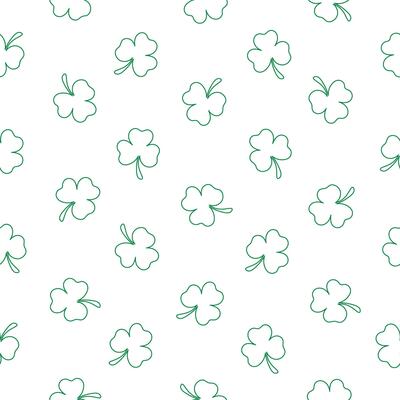 Outline of a small green clover on a white background. Happy St. Patrick's Day. Seamless pattern for textiles, wrappers, covers, brochures, wallpapers, website or banner. Vector illustration.