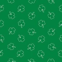 Seamless pattern with outline white clover on a green background. Happy St. Patrick's Day. Suitable for textile, wrapper, cover, brochure, wallpaper, website or banner. Vector illustration.