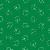 Seamless pattern with outline white clover on a green background. Happy St. Patrick's Day. Suitable for textile, wrapper, cover, brochure, wallpaper, website or banner. Vector illustration.