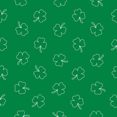 Seamless pattern with outline white clover on a green background. Happy St. Patrick's Day. Suitable for textile, wrapper, cover, brochure, wallpaper, website or banner. Vector illustration.