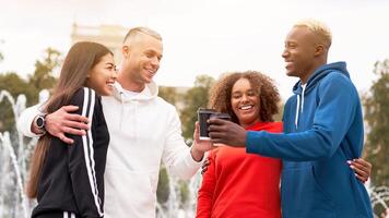 Multi-ethnic group people teenage friends. African-american, asian, caucasian student spending time together Multiracial friendship photo