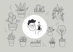 Set of  potted plants for home. Vector doodle illustration.