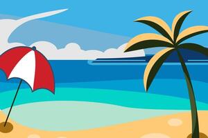 vector illustration of a sea coast view accompanied by a beach in summer with a tropical theme. Suitable for greeting card, poster and banner.