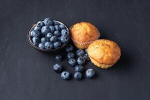 Blueberry antioxidant organic superfood in ceramic bowl and sweet muffin photo