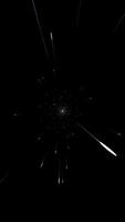 4k beeldmateriaal verticaal. deeltje Effecten of ruimte reizen. abstract ster lichten in beweging ingezoomd in Aan zwart achtergrond. hyperspace zoom van verschillend lengte lijnen effect. video