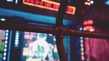 A close up of a metal bar with neon lights in the background video