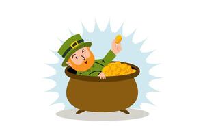 funny man with green hat is bathing gold coins in bathtub. illustration for St. Patrick's Day, Irish holiday vector