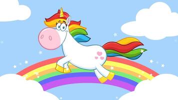 Smiling Magic Unicorn Cartoon Mascot Character Running Around Rainbow With Clouds. 4K Animation Video Motion Graphics With Background