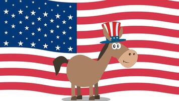 Democrat Donkey Cartoon Character With Uncle Sam Hat Over USA Flag. 4K Animation Video Motion Graphics Without Background