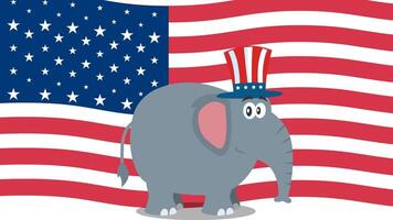 republikanisch Elefant Karikatur Charakter mit Onkel Sam Hut Über USA Flagge. 4k Animation Video Bewegung Grafik ohne Hintergrund