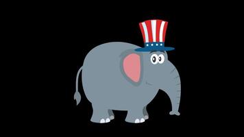 olifant tekenfilm karakter met oom Sam hoed. 4k animatie video beweging grafiek zonder achtergrond