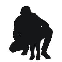 Black silhouette of a father squatting near his little son, isolated vector on a white background