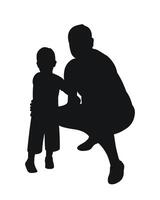 Silhouette of man squatting and boy, father and son, uncle and nephew, isolated vector