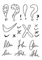 Hand drawn Check mark, signature, exclamation mark and question mark on white background. Vector illustration.