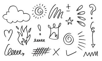 Set of cute hand drawn line scribble expression signs.emoticon effects design elements, cartoon character emotion symbols.vector illustration. vector