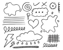 Hand drawn doodle design elements, black on white background. water, heart, emphasis, cloud, thunderbolt, line, check mark. doodle sketch design elements vector