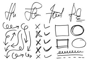 Doodle vector lines and curves.Hand drawn check and arrows signs. Set of simple doodle lines, curves, frames and spots. Collection of pencil effects. Doodle border.